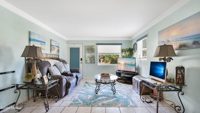 living room featuring light tile patterned floors and crown molding