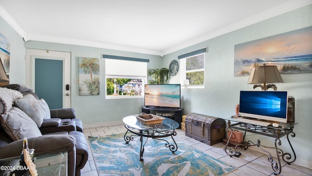 living room featuring ornamental molding and light tile patterned floors