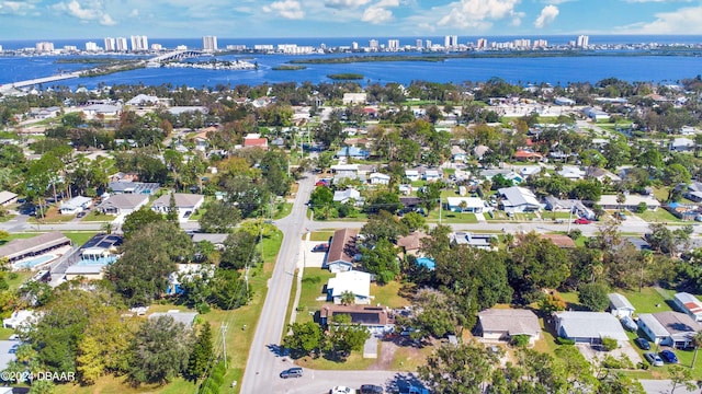 drone / aerial view with a water view