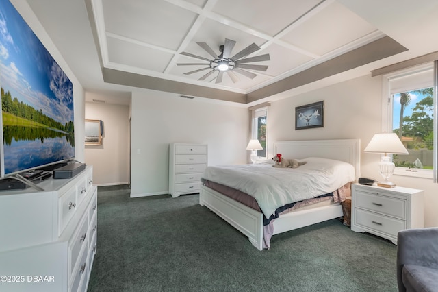 414 Long Cove Ct, Ormond Beach, FL 32174 - bedroom featuring dark colored carpet, coffered ceiling, and a ceiling fan