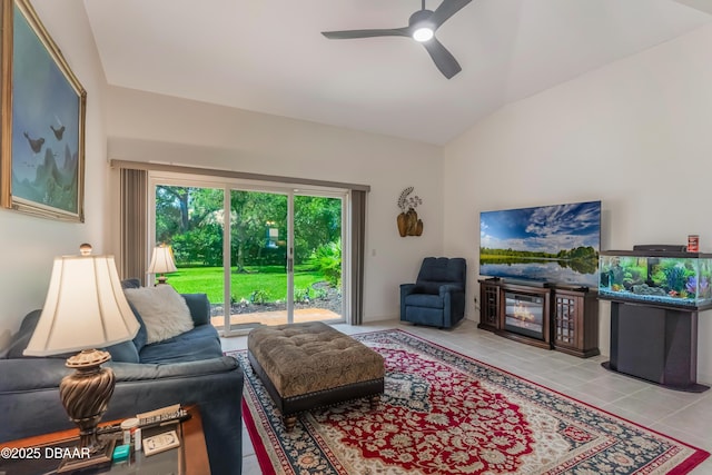414 Long Cove Ct, Ormond Beach, FL 32174 - living room with vaulted ceiling, ceiling fan, and tile patterned flooring