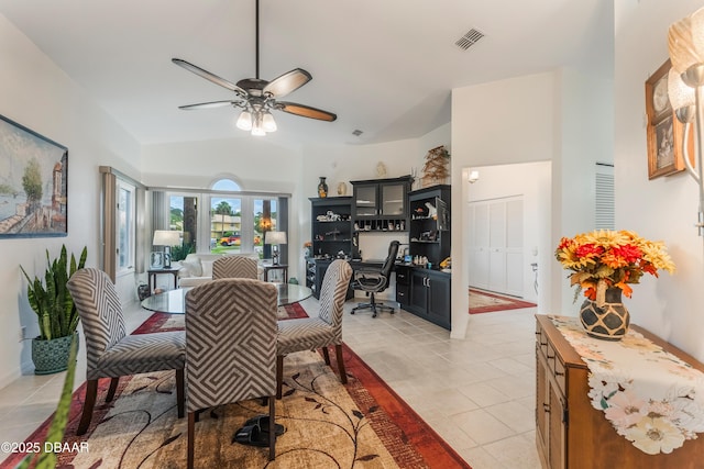414 Long Cove Ct, Ormond Beach, FL 32174 - dining room with a ceiling fan, light tile patterned flooring, a desk, and lofted ceiling