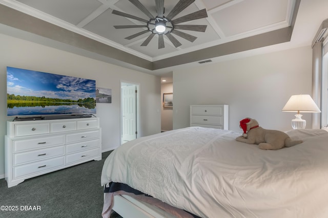 414 Long Cove Ct, Ormond Beach, FL 32174 - bedroom with dark carpet, ornamental molding, and coffered ceiling