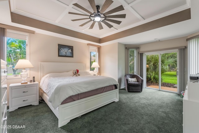 414 Long Cove Ct, Ormond Beach, FL 32174 - bedroom featuring dark carpet, access to outside, coffered ceiling, multiple windows, and ornamental molding