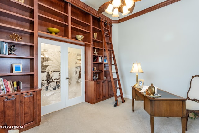 carpeted office featuring french doors and ornamental molding