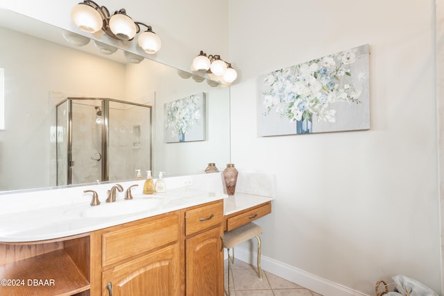 bathroom with vanity, tile patterned floors, and a shower with door