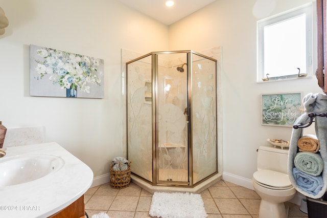 bathroom with vanity, tile patterned flooring, toilet, and an enclosed shower