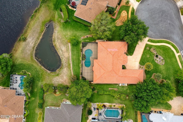 drone / aerial view with a water view