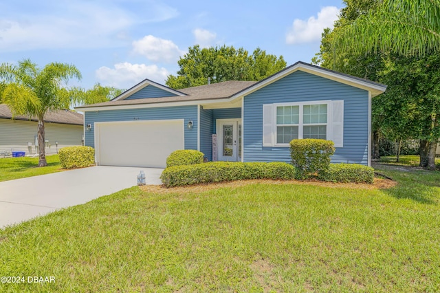 single story home with a front lawn and a garage