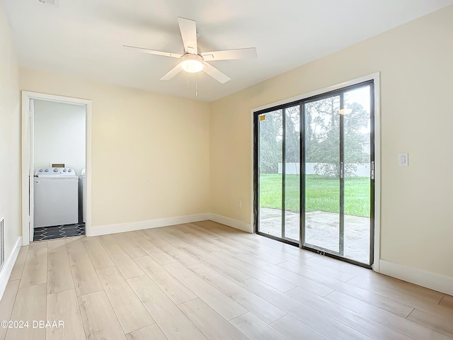 spare room with ceiling fan and light wood-type flooring