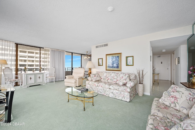 carpeted living room featuring expansive windows and a textured ceiling