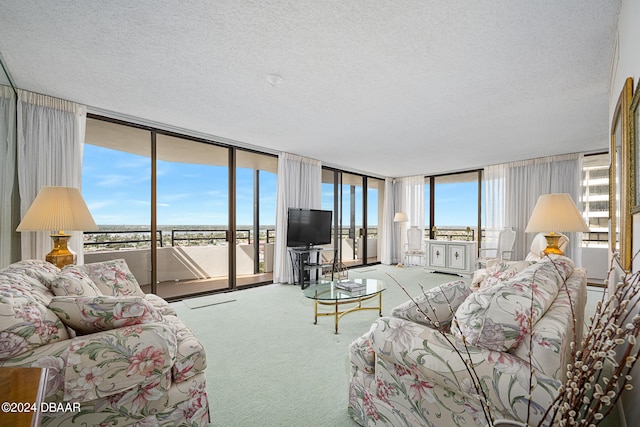 carpeted living room with floor to ceiling windows and a textured ceiling