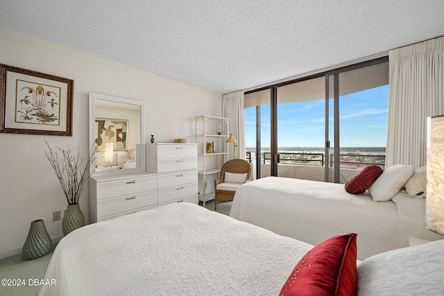 bedroom featuring expansive windows, access to outside, and a textured ceiling