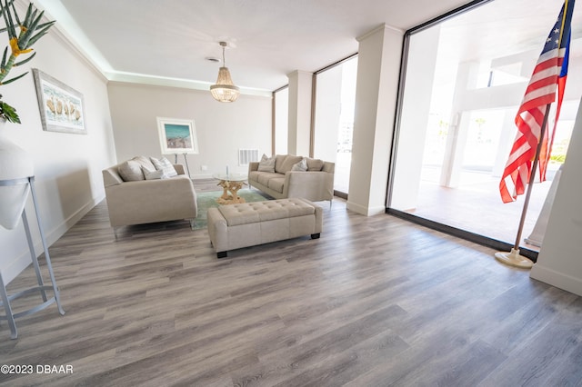 living room with dark hardwood / wood-style flooring and a wall of windows