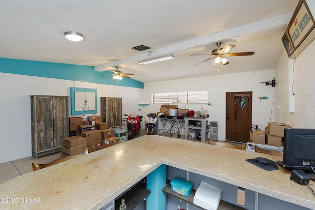 4245 Cardinal Blvd, Port Orange, FL 32127 - interior space with lofted ceiling with beams, a ceiling fan, and visible vents