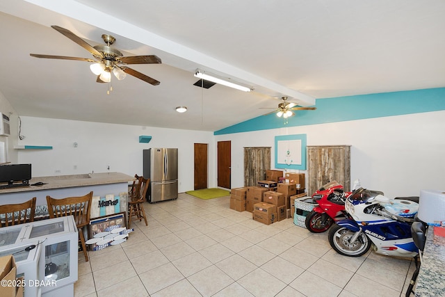4245 Cardinal Blvd, Port Orange, FL 32127 - living area with vaulted ceiling with beams, a ceiling fan, and light tile patterned flooring