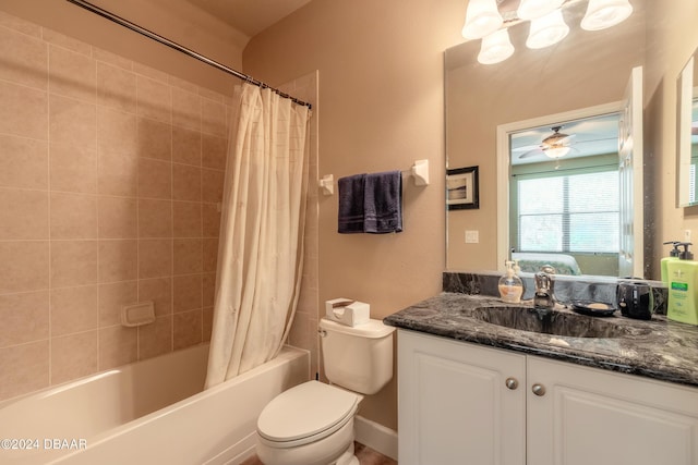 full bathroom featuring vanity, toilet, shower / bathtub combination with curtain, and ceiling fan