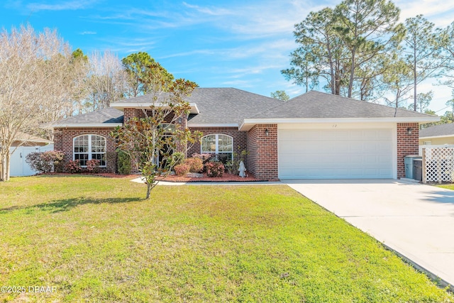 ranch-style house featuring a front lawn, concrete driveway, brick siding, and an attached garage