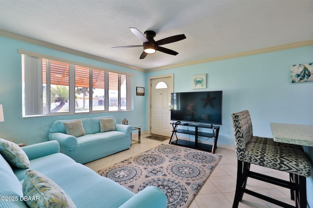 7 Azalea Dr, Ormond Beach, FL 32176 - living area with a ceiling fan, light tile patterned flooring, ornamental molding, and baseboards