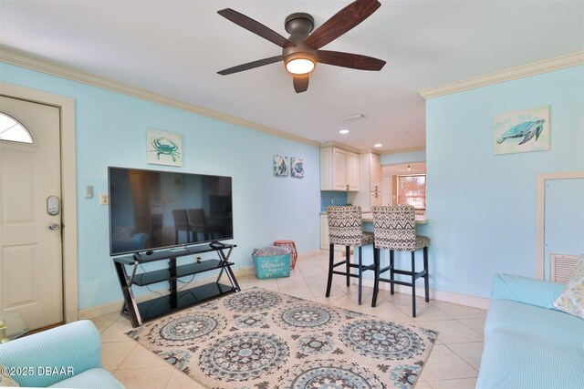 7 Azalea Dr, Ormond Beach, FL 32176 - living room with a ceiling fan, light tile patterned floors, ornamental molding, and baseboards
