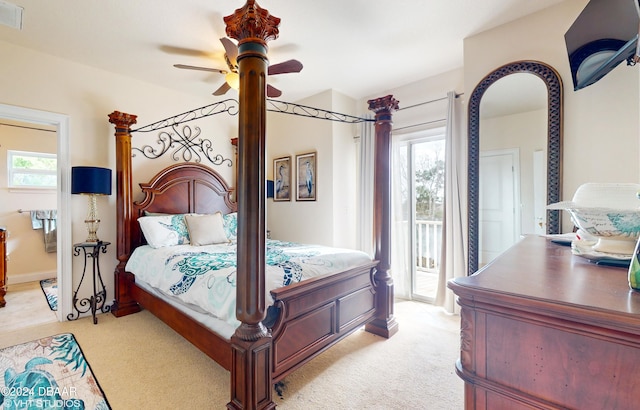 bedroom featuring ceiling fan, light carpet, and access to outside