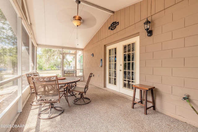 198 Heather Lane Dr, Deltona, FL 32738 - sunroom / solarium with french doors, vaulted ceiling, a ceiling fan, and outdoor dining space
