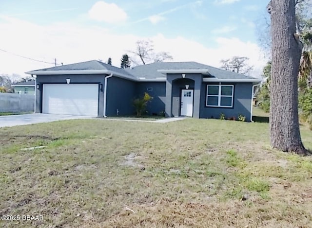 single story home featuring a garage, a front yard, concrete driveway, and stucco siding