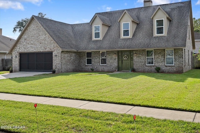 cape cod house featuring a garage and a front lawn