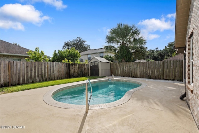 view of pool with a patio area and a storage unit