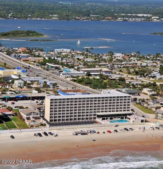 aerial view featuring a beach view and a water view