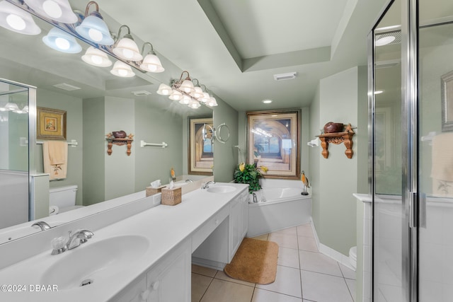 full bathroom with toilet, vanity, tile patterned floors, and separate shower and tub