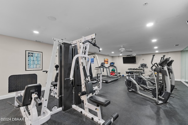 gym featuring ceiling fan