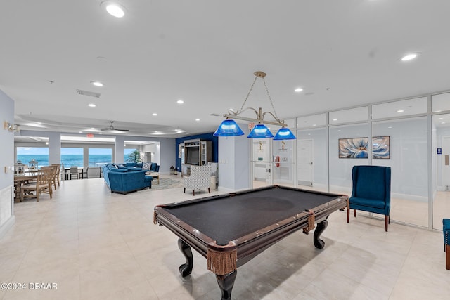 recreation room with billiards, ceiling fan, and light tile patterned floors