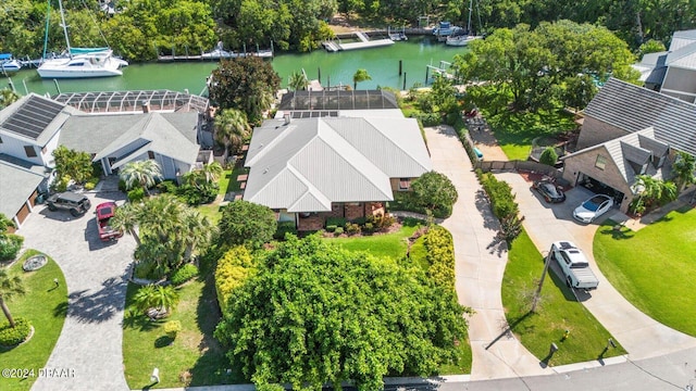 drone / aerial view featuring a water view