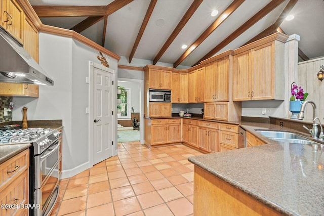 kitchen featuring stainless steel appliances, light tile patterned flooring, sink, ventilation hood, and lofted ceiling with beams