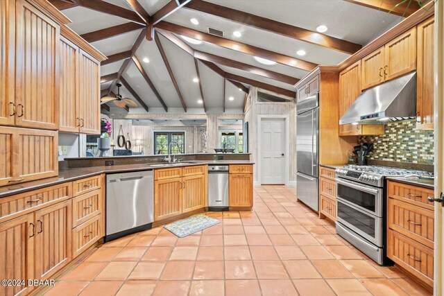 kitchen with stainless steel appliances, vaulted ceiling with beams, kitchen peninsula, sink, and tasteful backsplash