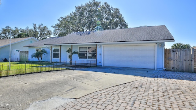 single story home featuring a garage and a front lawn