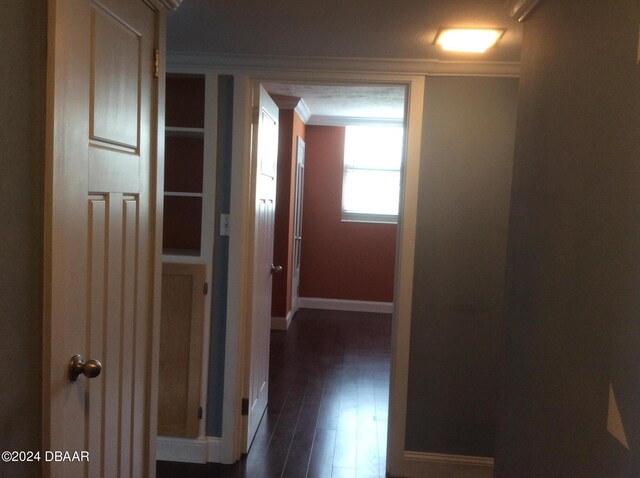 corridor with ornamental molding and dark hardwood / wood-style floors