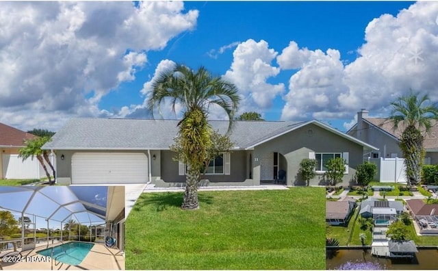 ranch-style house featuring glass enclosure, a front lawn, and a garage