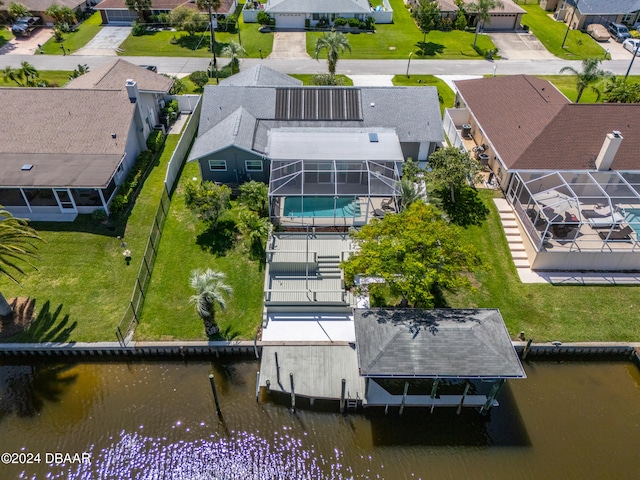 drone / aerial view featuring a water view