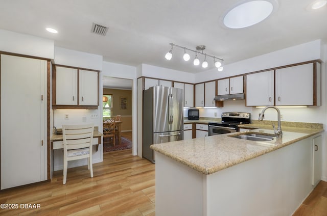 kitchen featuring kitchen peninsula, light hardwood / wood-style floors, sink, appliances with stainless steel finishes, and white cabinets