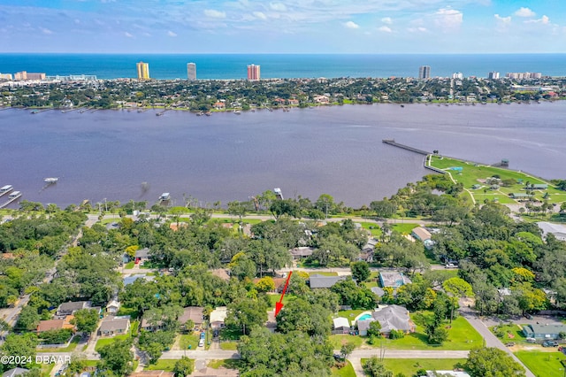 bird's eye view with a water view