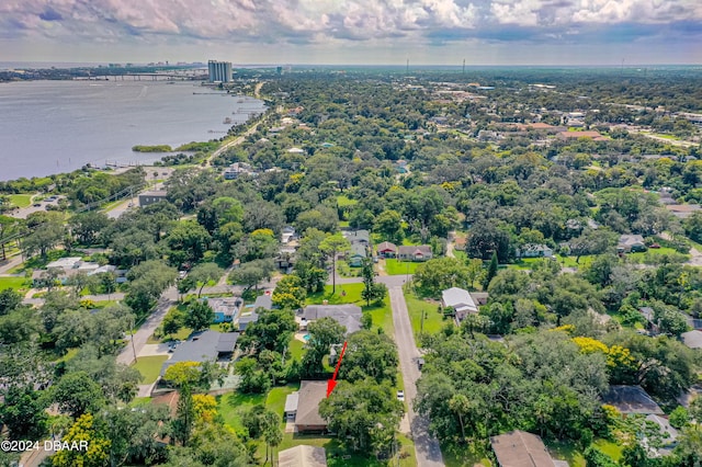 drone / aerial view with a water view