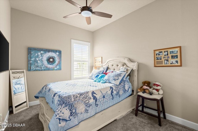 6341 Hanfield Dr, Port Orange, FL 32128 - carpeted bedroom with lofted ceiling, baseboards, and ceiling fan