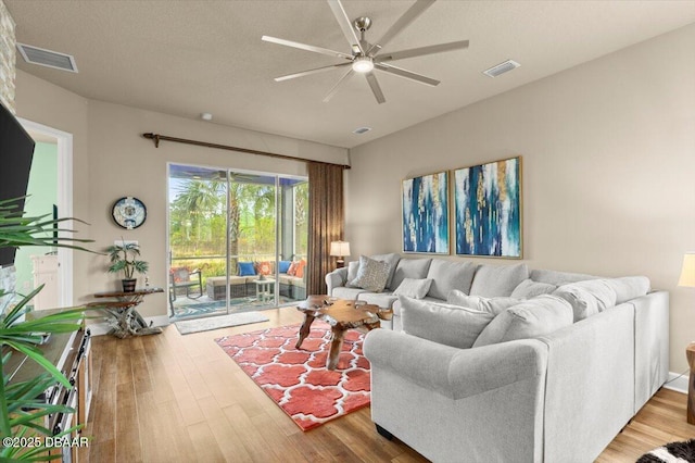 6341 Hanfield Dr, Port Orange, FL 32128 - living room with wood finished floors, ceiling fan, and visible vents