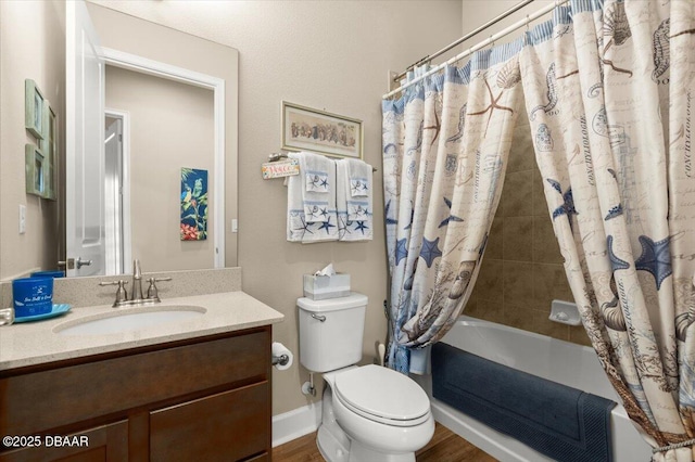 6341 Hanfield Dr, Port Orange, FL 32128 - bathroom with toilet, shower / bathtub combination with curtain, vanity, and wood finished floors