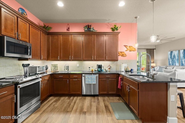 6341 Hanfield Dr, Port Orange, FL 32128 - kitchen featuring a sink, open floor plan, a peninsula, stainless steel appliances, and light wood-style flooring