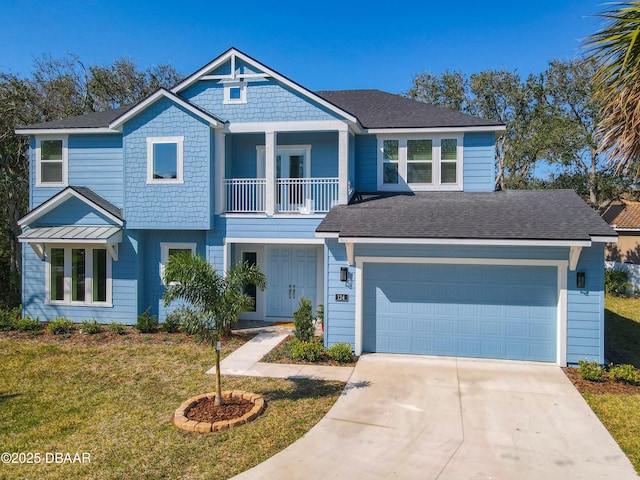 view of front of house with a balcony, a garage, and a front yard