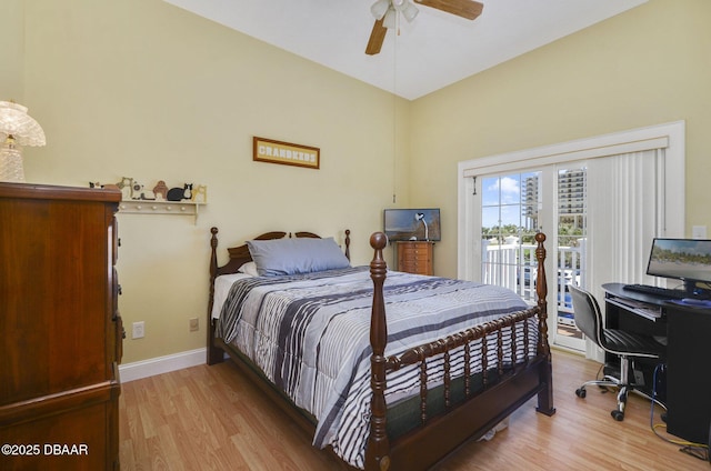 bedroom with light wood-type flooring, access to exterior, ceiling fan, and baseboards