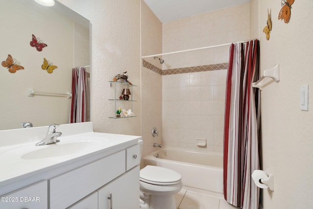 full bathroom featuring toilet, vanity, shower / bathtub combination with curtain, and tile patterned flooring